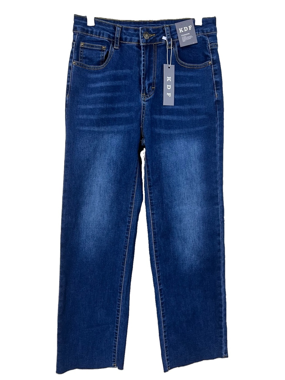 KDF High Rise Straight Leg Medium Wash Blue Jeans Stretch Raw Hem Size 4 NEW